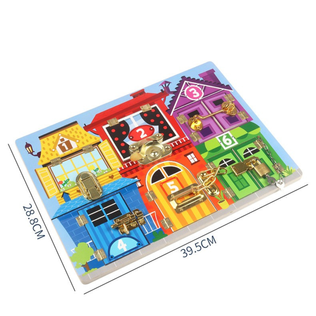 Montessori Holz-Busy-Board Haus mit Schlössern – Sensorik- & Motorikspielzeug