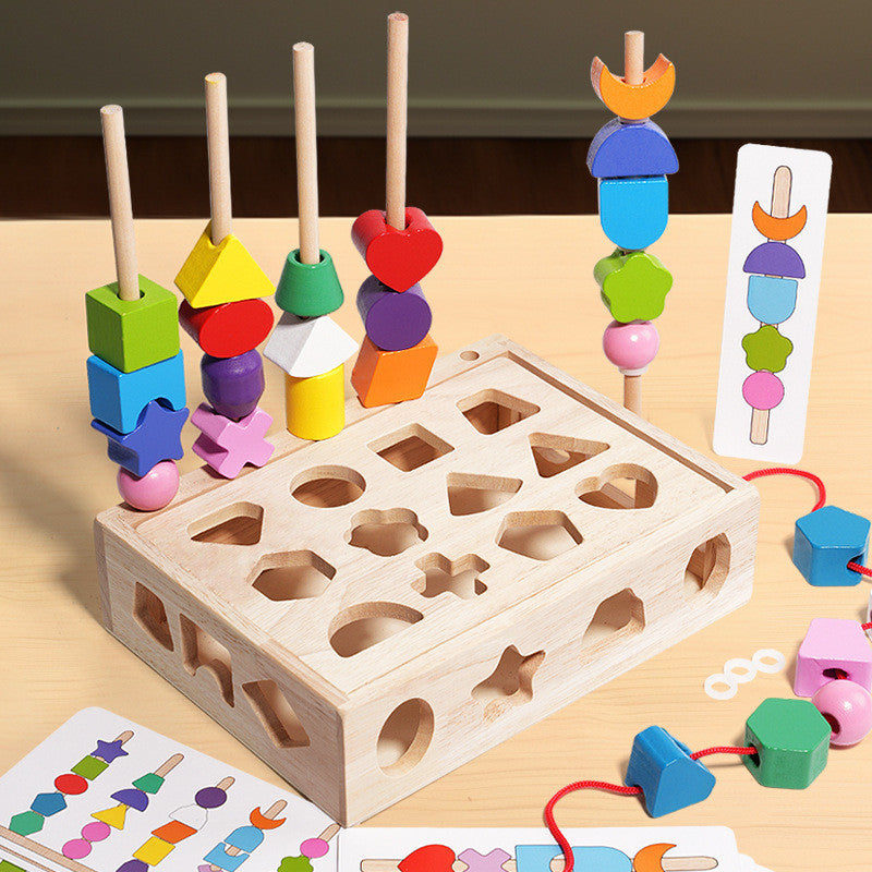 Holz 3-in-1 Formen-Sortierspiel, Steckspiel & Fädelspiel