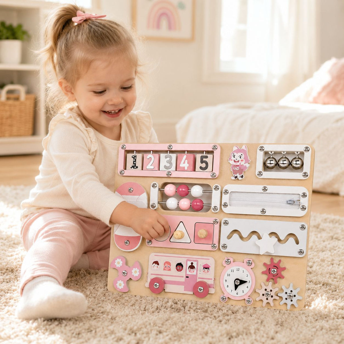 Montessori Multifunktionales Sensorik-Busy-Board aus Holz in Rosa