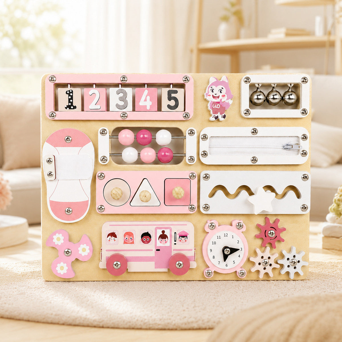 Montessori Multifunktionales Sensorik-Busy-Board aus Holz in Rosa