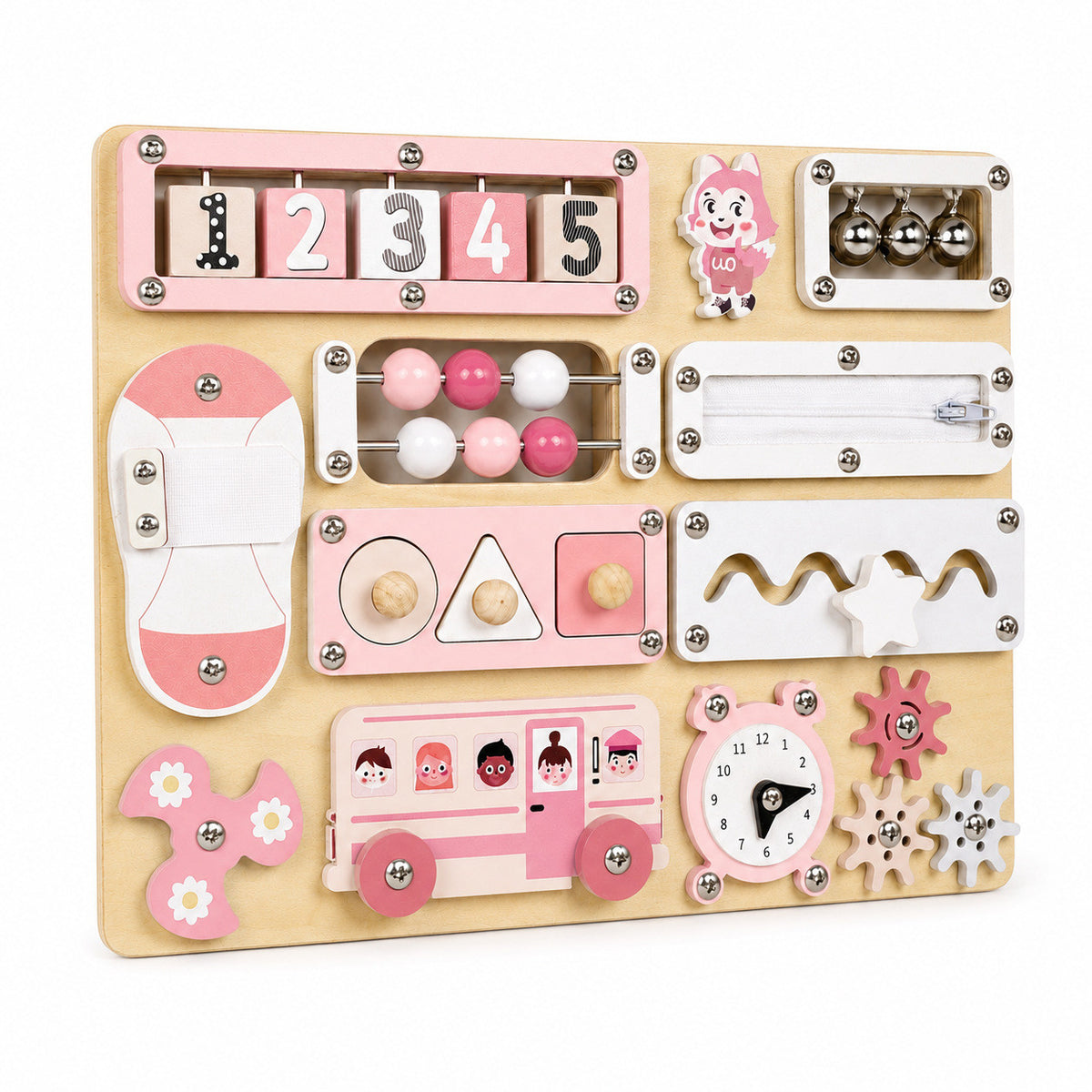 Montessori Multifunktionales Sensorik-Busy-Board aus Holz in Rosa