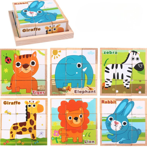 Holz-6-in-1-Tierpuzzle mit 3D-Würfeln