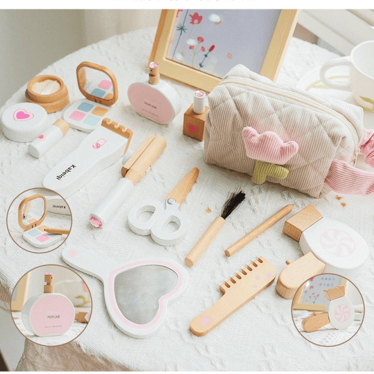 Holz-Schminktisch- & Kosmetiktaschen-Set für Kinder