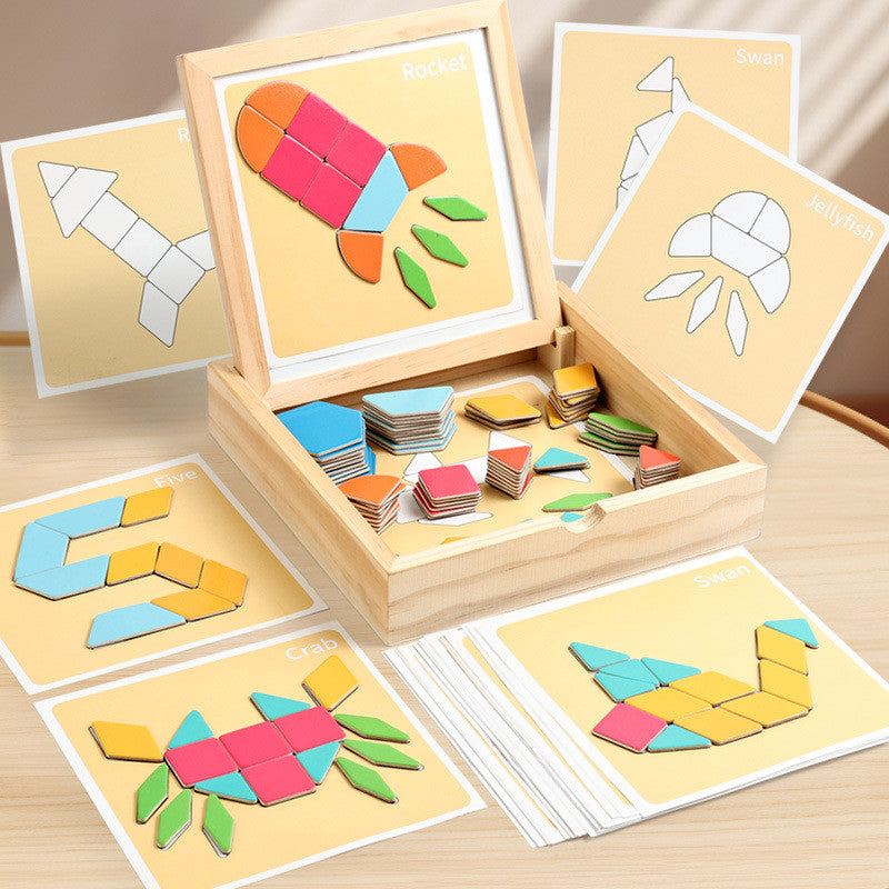 Magnetisches Tangram- & Musterblock-Puzzleset aus Holz mit Aufbewahrungsbox
