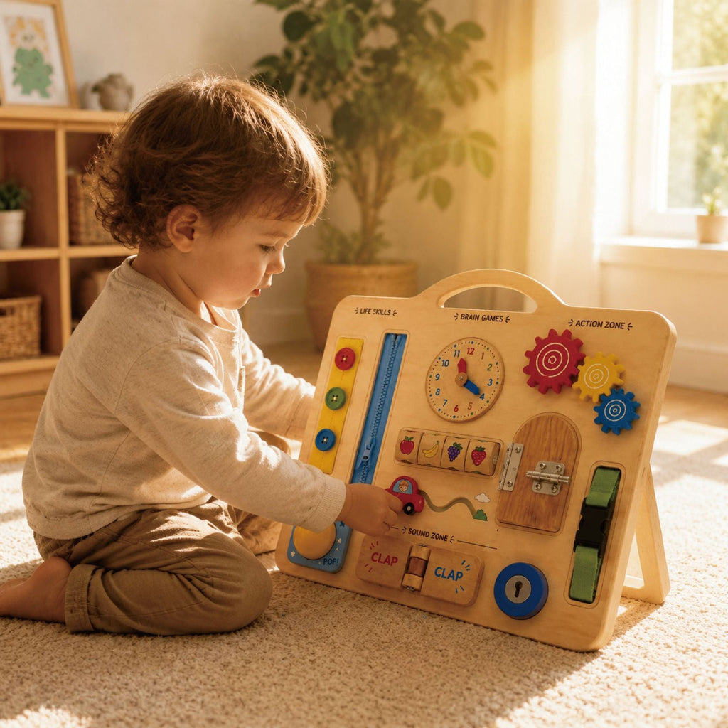 Montessori Tragbares Multifunktionales Sensorik-Busy-Board aus Holz