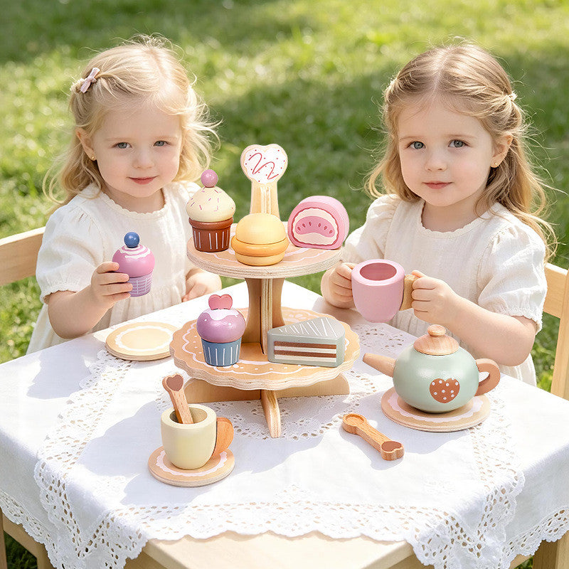 Holz-Teeparty-Set mit zweistöckigem Dessertständer für Kinder