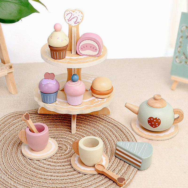 Holz-Teeparty-Set mit zweistöckigem Dessertständer für Kinder